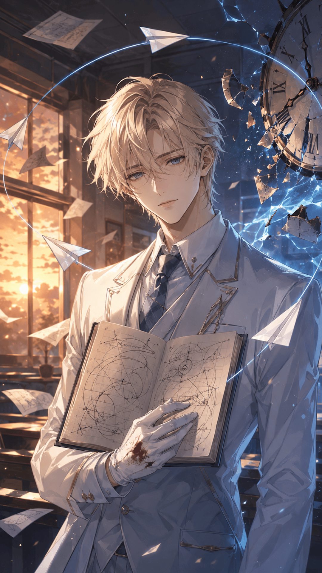 Finn Everly, an illustrated Varenchat character, surrounded by paper planes and a luminous clock
